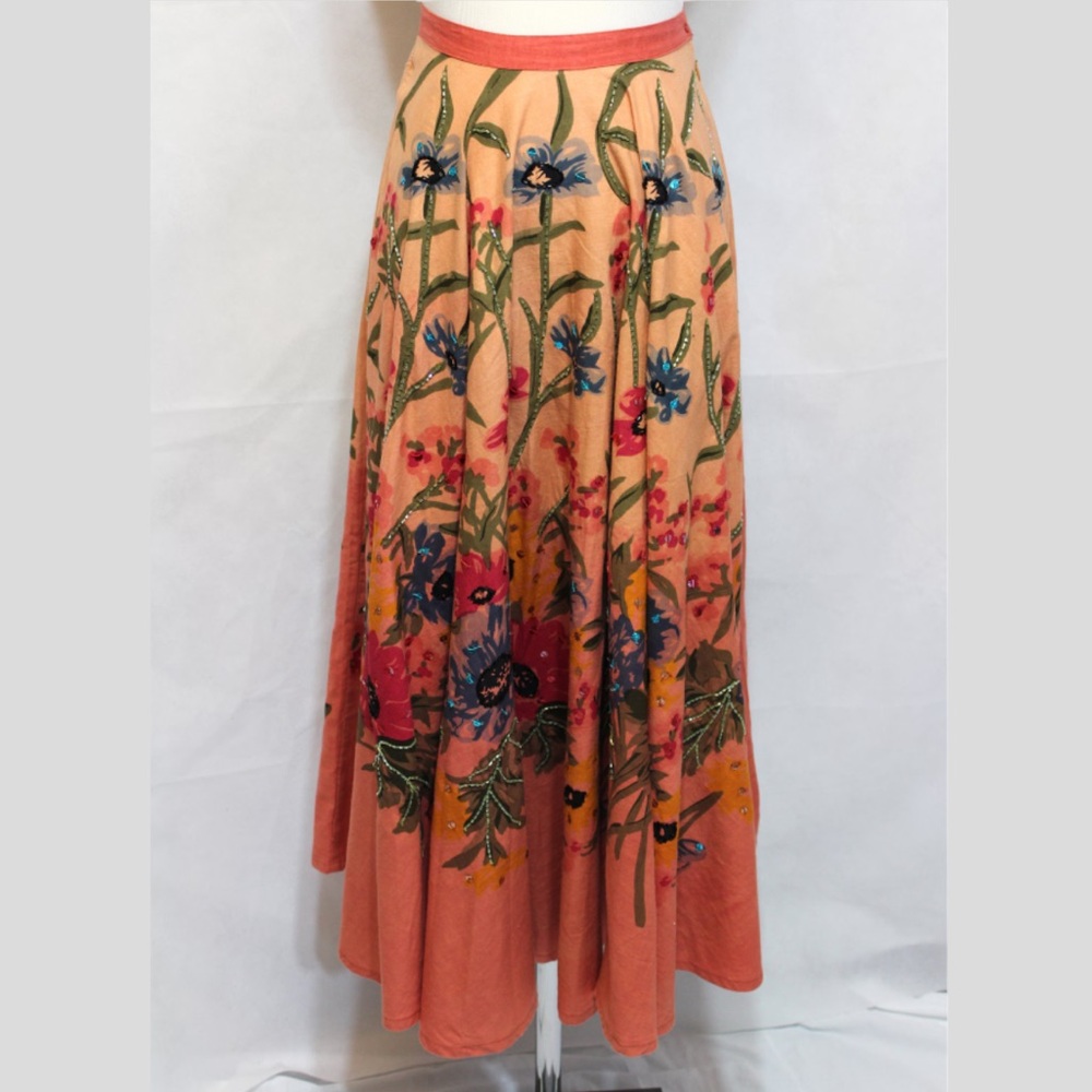 MAGIC Bold Floral Print Sequins Beaded Full Circle Midi Cotton Skirt - Size M